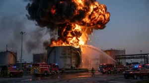 Cisterna in fiamme con vigili del fuoco intenti a spegerle