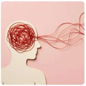 silhouette con un filo rosso aggrovigliato a raffigurare un cervello. Il filo esce all'altezza degli occhi